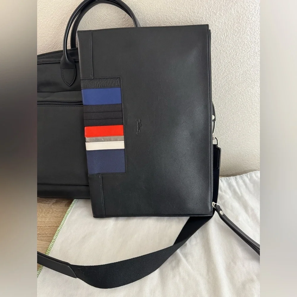 Longchamp Black Leather Colorful Stripes Briefcase and Pouch Set Signature